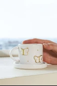 Gold Kelebek Amore El Yapımı Seramik Double Kahve Fincanı Mug Kupa - 1