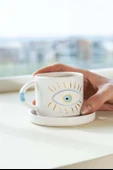 Göz Desenli Amore El Yapımı Seramik Double Kahve Fincanı Mug Kupa - 1