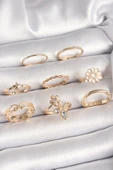 Pirinç Gold Renk Çiçek Model Zirkon Taş Detay Kadın Yüzük Kombini - TJ-BYK3671 - 1