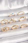Pirinç Gold Renk Nazar Boncuk Model Kuş Detay Kadın Yüzük Kombini - TJ-BYK3672 - 1