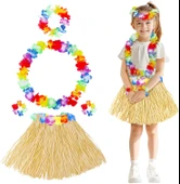 Yetişkin Çocuk Hawaii Parti Seti - 40 cm Naturel Etek + Çiçek Aksesuarlar (5 Parça) - 1