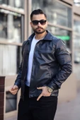 Klasik Yaka Siyah Erkek Deri Ceket - 1