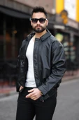 Oversize Vintage Erkek Siyah Deri Ceket - 1