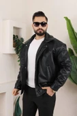 Erkek Oversize Siyah Deri Ceket - 1