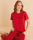 Mihra Kadın Bisiklet Yaka MİLAN Likralı Kısa Kol Pijama Takımı 50107K - 1 Adet  XL Kırmızı thumbnail 1