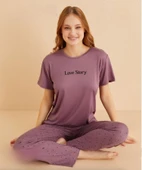 Mihra Kadın Bisiklet Yaka MİLAN Likralı Kısa Kol Pijama Takımı 50107L - 1 Adet  XL Lila - 1