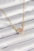 316L Çelik Gold Renk Zirkon Taşlı Hilal Pembe Kalp Model Kadın Kolye - 1