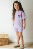Lila Kuromi Kısa Kollu Şortlu Çizgi Karakter Baskılı Kız Çocuk 2li Takım - 1