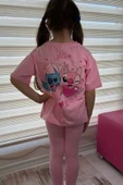 Pembe Stitch Kısa Kollu Taytlı Çizgi Karakter Baskılı Kız Çocuk 2li Takım - 5