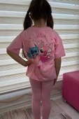 Pembe Stitch Kısa Kollu Taytlı Çizgi Karakter Baskılı Kız Çocuk 2li Takım thumbnail 3