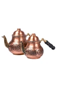 DMT Gaziantep Bakır Çaydanlık Takımı AĞIR İşlemeli  Alt:12 cm üst:9cm Toplam:1,5lt Ahşap kulp - 2