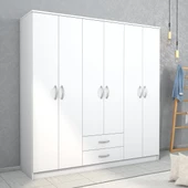 Nisa 6 Kapılı 2 Çekmeceli 7 Raflı Geniş Gardrop Beyaz - GRD1101 - 1