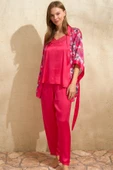 MAN5645 Kadın Saten Çiçek Baskılı Sabahlık Dantelli Atlet ve Pantolon Pijama 3lü Takım (5645) - 1