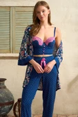 MAN5657 Kadın Viskon Baskılı Sabahlık Balenli Destekli Dolgulu Puantiyeli Dantelli Büstiyer Sütyen ve Pantolon Pijama 3lü Takım (5657) - 1