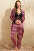 MAN5644 Kadın Saten Çizgili Dantelli Sabahlık Balensiz Desteksiz Dolgusuz Yaka Detaylı Bralet Sütyen ve Pantolon Pijama 3lü Takım (5644) - 1