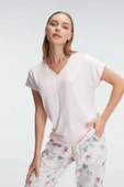 MAN9868 Anıl 9868 Ev Giyimi Kısa Kol V Yaka Kadın Viskon Çiçek Desenli Yazlık Örme Normal Bel Pijama Takımı - 2