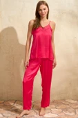 MAN5645 Kadın Saten Çiçek Baskılı Sabahlık Dantelli Atlet ve Pantolon Pijama 3lü Takım (5645) - 2