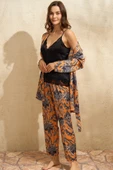 MAN5621 Kadın Saten Çiçek Baskılı Sabahlık Dantelli Atlet ve Pantolon Pijama 3lü Takım (5621) - 1