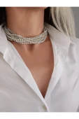 Gümüş Kaplama Taşlı Çoklu Görünümlü Choker Tasma Kolye - 3