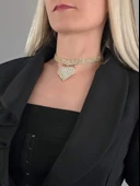 Sallantılı Kalp Model Rhinestone Choker Tasma Model Gold Renk Kolye thumbnail 3