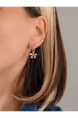 Çiçek Model Lacivert Taşlı Halka Gold Küpe - 3