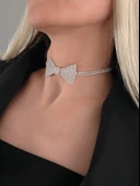 Papyon Model Rhinestone Choker Tasma Model Gümüş Renk Kolye - 3