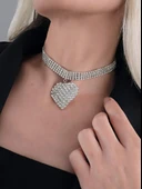 Sallantılı Kalp Model Rhinestone Choker Tasma Model Gümüş Renk Kolye - 1