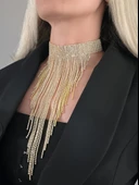 Kristal Taşlı Saçaklı Püskül Model Gold Renk Abiye Choker Tasma Kolye - 3