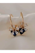 Çiçek Model Lacivert Taşlı Halka Gold Küpe - 2
