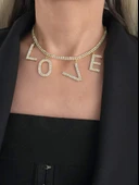Love Aşk Kristal Taşlı Party Style Altın Kaplama Gold Renk Kolye - 3