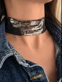 Arpa Pul Payet Zırh Metal Geniş Model Antrasit  Choker Kolye - 3