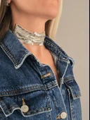 Arpa Pul Payet Zırh Metal Geniş Model Gümüş  Choker Kolye - 3