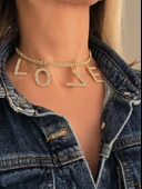 Love Aşk Kristal Taşlı Party Style Altın Kaplama Gold Renk Kolye - 1