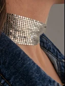 Arpa Pul Payet Zırh Metal Geniş Model Gümüş  Choker Kolye - 2