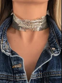 Arpa Pul Payet Zırh Metal Geniş Model Gümüş  Choker Kolye - 1