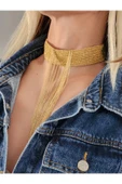 14 Sıralı Zincir V Model Dokuma Sallantılı Vücut Tasma Choker El Yapımı Altın Renk Kolye - 2