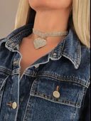 Sallantılı Kalp Model Rhinestone Choker Tasma Model Gümüş Renk Kolye - 3