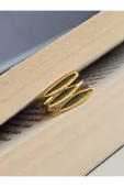 Üçlü Plaka Kaburga Model Ayarlanabilir Altın Kaplama Gold Çelik Yüzük - 3