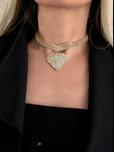Sallantılı Kalp Model Rhinestone Choker Tasma Model Gold Renk Kolye thumbnail 2