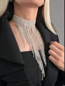 Kristal Taşlı Saçaklı Püskül Model Silver Renk Abiye Choker Tasma Kolye thumbnail 2