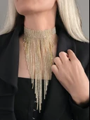 Kristal Taşlı Saçaklı Püskül Model Gold Renk Abiye Choker Tasma Kolye - 2