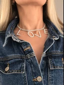 Love Aşk Kristal Taşlı Party Style Gümüş Renk Kolye - 3