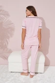 Lila Pembe Beyaz Çizgili Düğmeli Biyeli Örme Pijama Takım thumbnail 3
