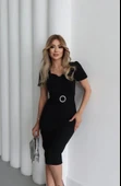 Kadın Kısa Kollu Yakası Açık önden Halka Detaylı Ithal Krep Elbise - 1