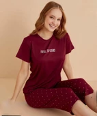 Mihra Kadın Bisiklet Yaka MİLAN Likralı KAPRİ Kısa Kol Pijama Takımı 50108B - 1 Adet  Bordo S - M thumbnail 1