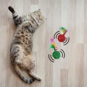BUFFER® 2li Rattan Renkli Peluş Tüy Kedi Köpek Oyuncak Yakalama Çiğneme Çıngıraklı Top Oyuncağı - 3