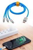 BUFFER®Kutulu  3 Şarj Aleti 1 Arada Çinko Alaşım Hızlı Şarj Kablosu Mavi 3 in 1 - 4