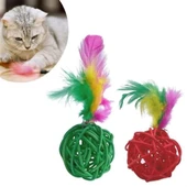 BUFFER® 2li Rattan Renkli Peluş Tüy Kedi Köpek Oyuncak Yakalama Çiğneme Çıngıraklı Top Oyuncağı - 2
