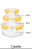 BUFFER® 3'lü Pratik Silikon Contalı Sızdırmaz Kapaklı Sağlam İstiflenebilir Saklama Kapları - 7