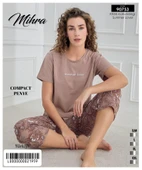 Mihra Kadın Bisiklet Yaka COMPACT PENYE Likralı KAPRİ Kısa Kol Pijama Takımı 90753K - 1 Adet  S - M Kahverengi thumbnail 2